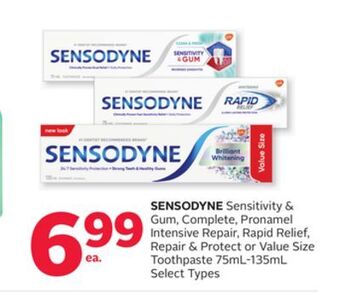 Rexall Sensodyne sensitivity & gum, complete, pronamel intensive repair, rapid relief, repair & protect or value size toothpaste 75m offer
