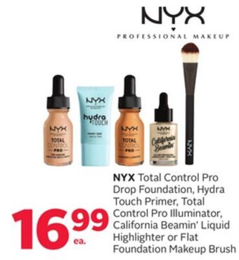 Rexall Nyx total control pro drop foundation, hydra touch primer, total control pro illuminator, california beamin' liquid highlight offer