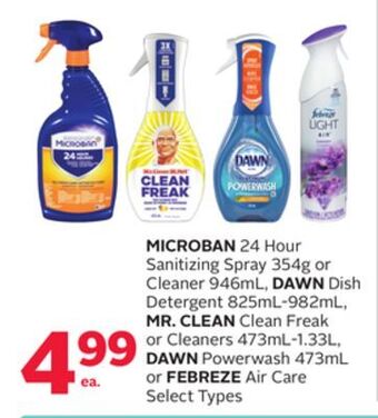 Rexall Microban 24 hour sanitizing spray 354g or cleaner 946ml, dawn dish detergent 825ml-982ml, mr. clean clean freak or cleaners 4 offer