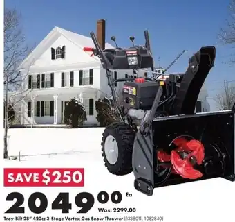 Kent Troy-Bilt 28" 420cc 3-Stagr Vortex Gas Snow Thrower offer