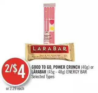 Shoppers Drug Mart Good to go, power crunch or lärabar energy bar offer