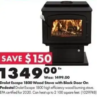 Kent Drolet Escape 1800 Wood Stove with Black Door On Pedestal offer