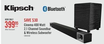 The Brick Klipsch cinema 400 2.1-channel 400 w soundbar and wireless subwoofer offer