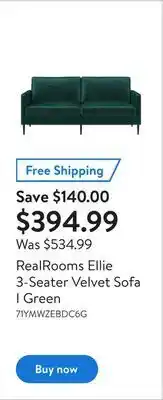 Walmart Realrooms ellie 3-seater velvet sofa i green offer