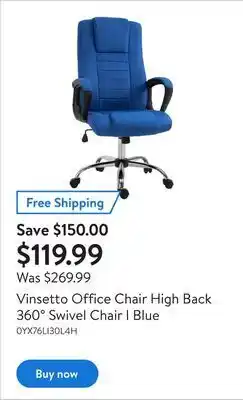 Walmart Vinsetto office chair high back 360° swivel chair i blue offer