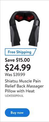 Walmart Shiatsu muscle pain relief back massager pillow with heat offer
