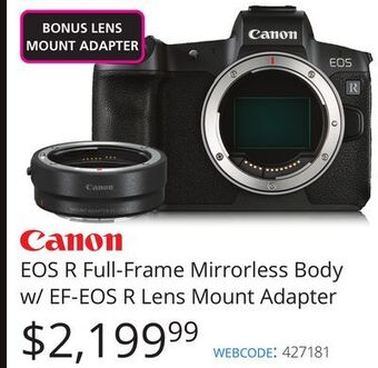 Vistek Canon eos r full-frame mirrorless body w/ef-eos r lens mount adapter offer
