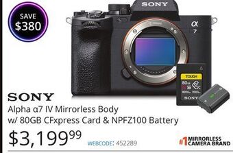 Vistek Sony alpha α7 iv mirrorless body w/ 80gb cfxpress card & npfz100 battery offer