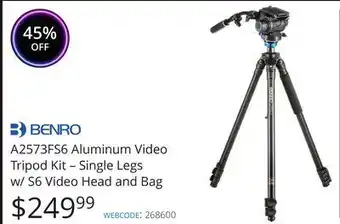 Vistek Benro a2573fs6 aluminum video tripod kit – single legs w/ s6 video head and bag offer