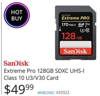 Vistek Sandisk extreme pro 128gb sdxc uhs-i class 10 u3/v30 card offer