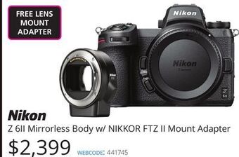 Vistek Nikon z 6ii mirrorless body w/ nikkor ftz ii mount adapter offer