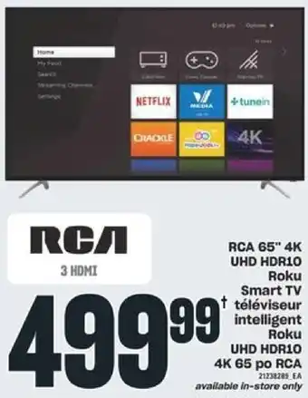 Atlantic Superstore RCA 65" 4K UHD HDR10 Roku Smart Tv offer
