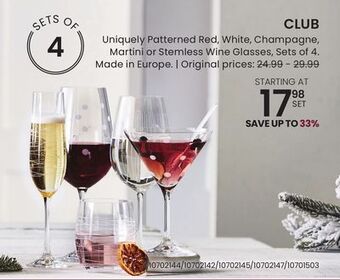 Stokes Club uniquely patterned red, white, champagne, martini or stemless wine glasses offer