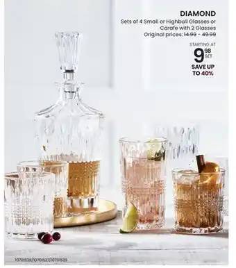Stokes Diamond sets of 4 small or highball glasses or carafe with 2 glasses offer