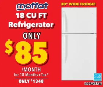 Surplus Furniture Moffat white 18 cubic foot refrigerator offer