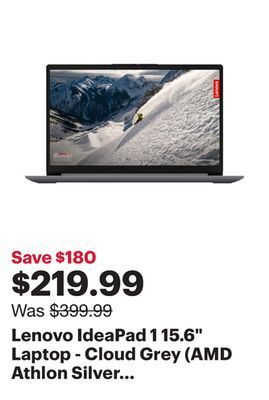 Best Buy Lenovo ideapad 1 15.6" laptop - cloud grey (amd athlon silver 3050u/128gb emmc/4gb ram/windows 11 s) offer