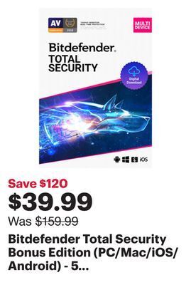 Best Buy Bitdefender total security bonus edition (pc/mac/ios/android) - 5 user - 3 yr - digital download - only at best buy offer