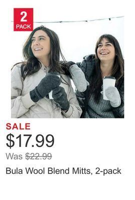 Costco Bula wool blend mitts, 2-pack offer