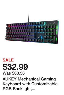 Newegg Aukey mechanical gaming keyboard with customizable rgb backlight, tactile & clicky red switches, 104-key anti-ghosting wired offer