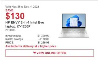 Costco Hp envy 2-in-1 intel evo laptop, i7-1260p offer
