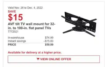 Costco Avf tilt tv wall mount for 32-in. to 100-in. flat panel tvs offer