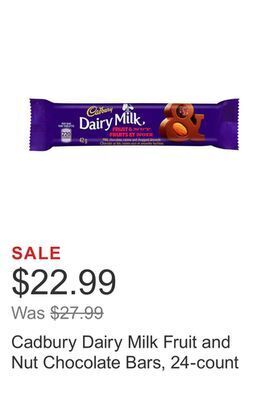 Costco Cadbury dairy milk fruit and nut chocolate bars, 24-count offer