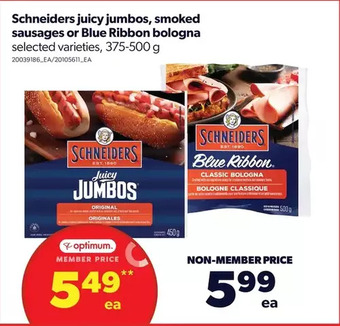 Real Canadian Superstore Schneiders juicy jumbos, smoked sausages or blue ribbon bologna offer