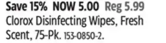 Canadian Tire Clorox disinfecting wipes, fresh scent, 75-pk offer
