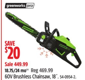Canadian Tire Greenworks 60v brushless chainsaw, 18" offer