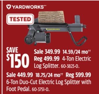 Canadian Tire Yardworks 6-ton duo-cut electric log splitter with foot pedal offer
