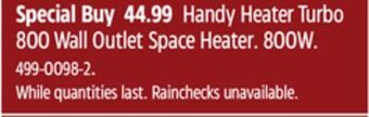 Canadian Tire Handy heater turbo 800 wall outlet space heater offer