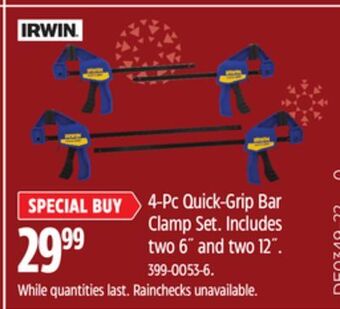 Canadian Tire Irwin 4-pc quick-grip bar clamp set offer