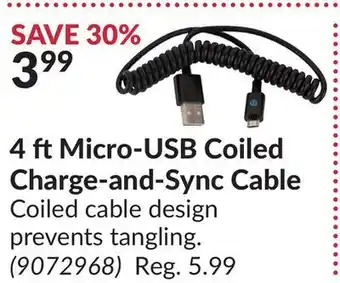 Princess Auto 4 ft micro-usb coiled charge-and-sync cable offer