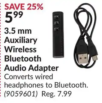 Princess Auto 3.5 mm auxiliary wireless bluetooth audio adapter offer