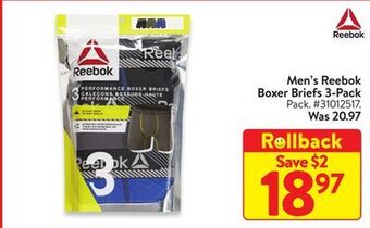 Walmart Men's reebok boxer briefs 3-pack offer