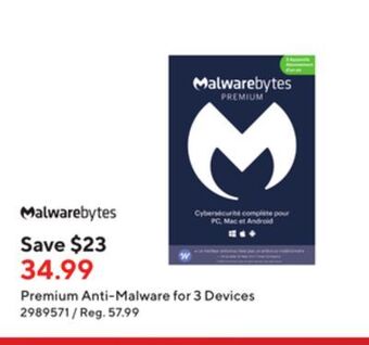 Staples Malwarebytes premium anti-malware for 3 devices offer