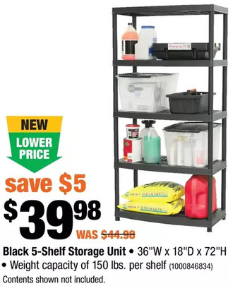 Home Depot Black 5-shelf storage unit offer
