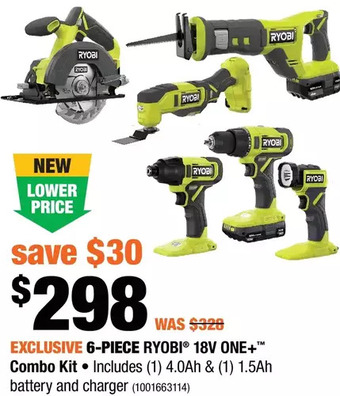 Home Depot 6-piece ryobi 18v one+ combo kit offer