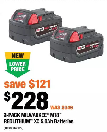 Home Depot 2-pack milwaukee m18 redlithium xc 5.0ah batteries offer