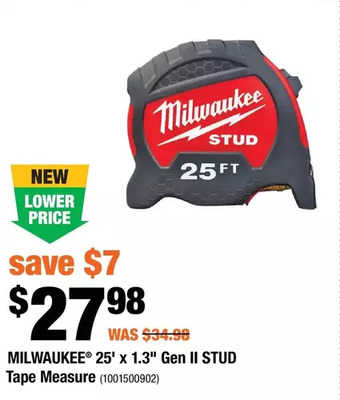 Home Depot Milwaukee 25' x 1.3" gen ii stud tape measure offer