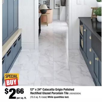 Home Depot 12" x 24" calacatta grigio polished rectified glazed porcelain tile offer