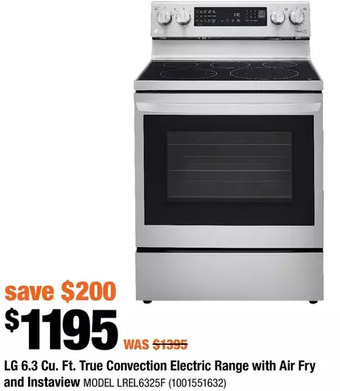 Home Depot Lg 6.3 cu. ft. true convection electric range with air fry and instaview offer