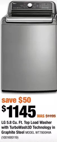 Home Depot Lg 5.8 cu. ft. top load washer with turbowash3d technology in graphite steel offer