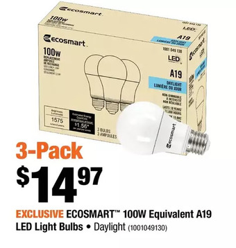 Home Depot Ecosmart 100w equivalent a19 led light bulbs offer