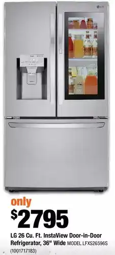 Home Depot Lg 26 cu. ft. instaview door-in-door refrigerator, 36" wide offer