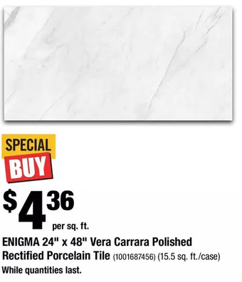 Home Depot Enigma 24" x 48" vera carrara polished rectified porcelain tile offer