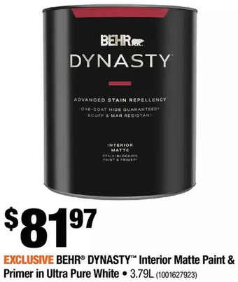 Home Depot Behr dynasty interior matte paint & primer in ultra pure white offer