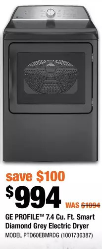 Home Depot Ge profile 7.4 cu. ft. smart diamond grey electric dryer offer