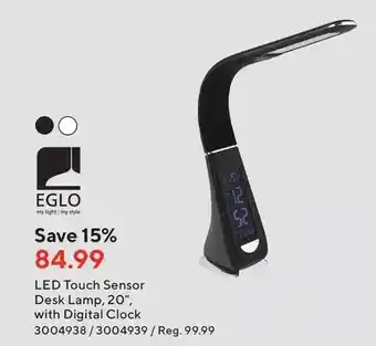 Staples Eglo led touch sensor desk lamp, 20" with digital clock offer
