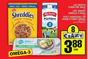 Food Basics Lactantia purfiltre milk | life smart oméga-3 eggs | post shreddies or honeycomb cereal offer